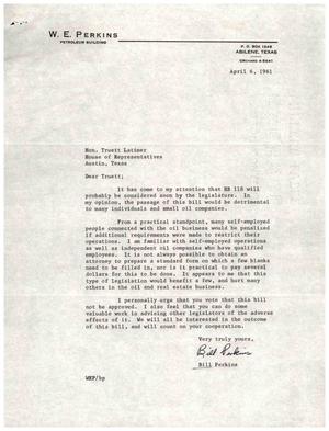 [Letter from Bill Perkins to Truett Latimer, April 6, 1961]