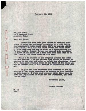 [Letter from Truett Latimer to Ray Hartt, February 21, 1961]