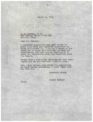 [Letter from Truett Latimer to O. B. Stanley, March 11, 1959]