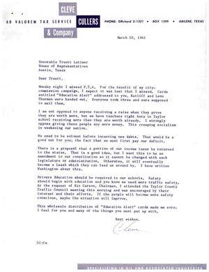 [Letter from Cleve Cullers to Truett Latimer, March 10, 1961]