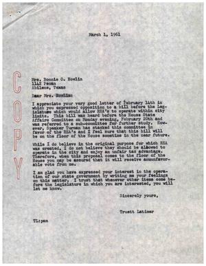 [Letter from Truett Latimer to Bonnie O. Nowlin, March 1, 1961]