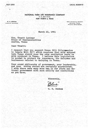 [Letter from W. H. Denham to Truett Latimer, March 22, 1961]