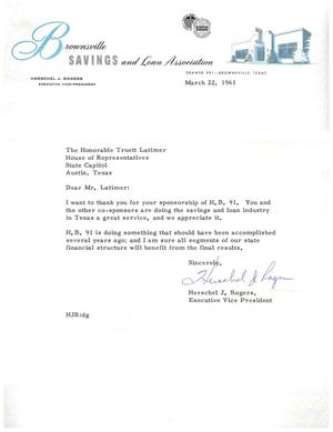 [Letter from Herschel J. Rogers to Truett Latimer, March 22, 1961]