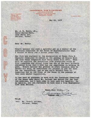 [Letter from Vernon Coe to J. D. Perry, Jr., May 29, 1959]