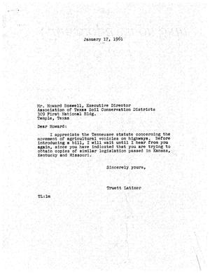 Primary view of object titled '[Letter from Truett Latimer to Howard Boswell, January 17, 1961]'.