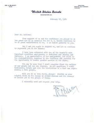 [Letter from William A. Blakely to Truett Latimer, February 18, 1961]