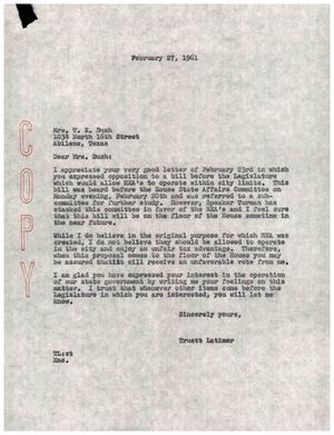 [Letter from Truett Latimer to Mrs. T. E. Bush, February 27, 1961]