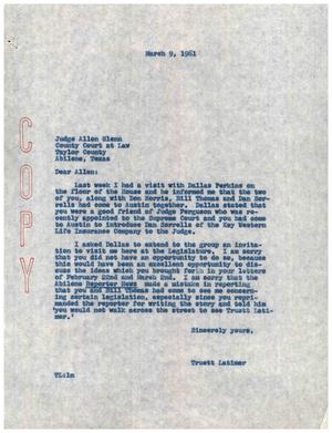 [Letter from Truett Latimer to Allen Glenn, March 9, 1961]