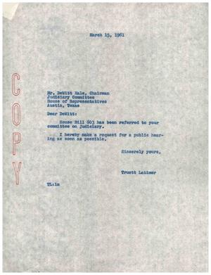 [Letter from Truett Latimer to DeWitt Hale, March 15, 1961]