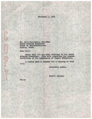 [Letter from Truett Latimer to Bill Hollowell, February 1, 1961]