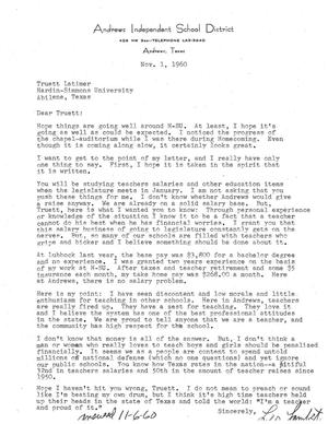 Primary view of object titled '[Letter to Truett Latimer Discussing Public School Teachers' Salaries, November 1, 1960]'.