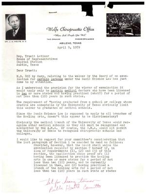 [Letter from J. A. Wolfe to Truett Latimer, April 9, 1959]