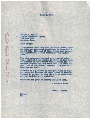 [Letter from Truett Latimer to Evalyn S. Fields, March 7, 1961]