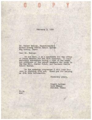 [Letter from Truett Latimer to Walker Bailey, February 3, 1962]