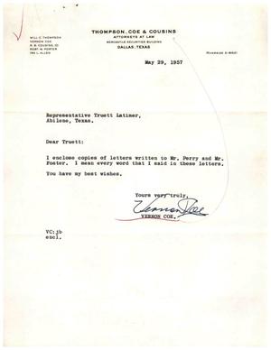 [Letter from Vernon Coe to Truett Latimer, May 29, 1957]