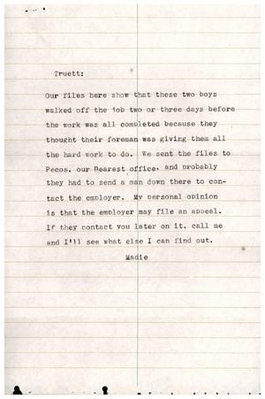 [Letter from "Madie" to Truett Latimer, 1960~]