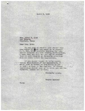 [Letter from Truett Latimer to Mrs. Eldud E. Link, April 3, 1959]