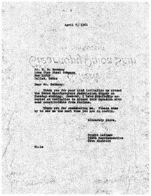 [Letter from Truett Latimer to E. B. Germany, April 7, 1961]