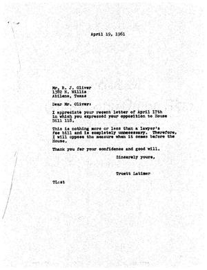 [Letter from Truett Latimer to R. J. Oliver, April 19, 1961]