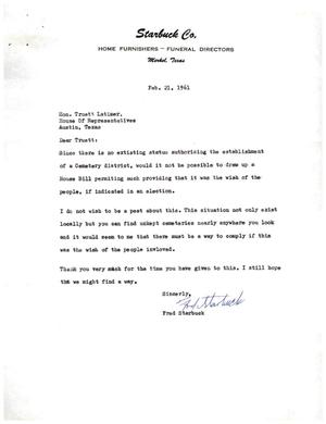 [Letter from Fred Starbuck to Truett Latimer, February 21, 1961]