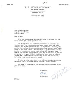 [Letter from B. F. Horn to Truett Latimer, February 13, 1959]