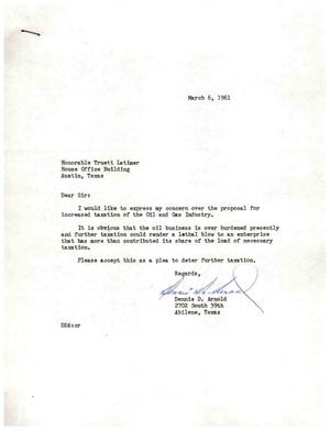 [Letter from Dennis D. Arnold to Truett Latimer, March 6, 1961]