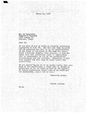 [Letter from Truett Latimer to Ed Templeton, March 31, 1959]