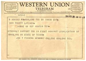 [Telegram from Jim T. Pickens, February 28, 1961]