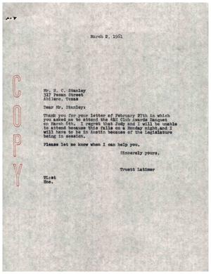 [Letter from Truett Latimer to H. C. Stanley, March 2, 1961]