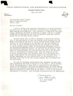[Letter from M. Tom Harrington to Truett Latimer, April 28, 1959]