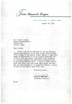 [Letter from Wendell Bedichek to Truett Latimer, August 10, 1959]