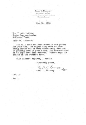 [Letter from Carl L. Phinney to Truett Latimer, May 10, 1960]