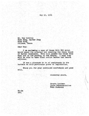 [Letter from Truett Latimer to Roy Watkins, May 19, 1961]