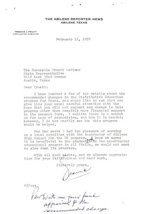 [Letter from Francis J. Pruitt to Truett  Latimer, February 12, 1959]