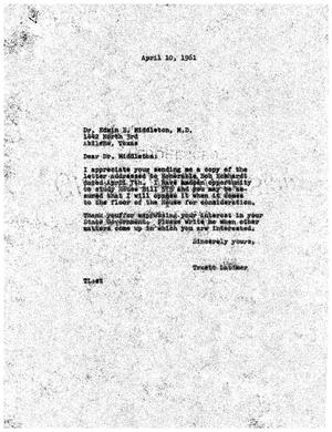 [Letter from Truett Latimer to Edwin E. Middleton, April 10, 1961]
