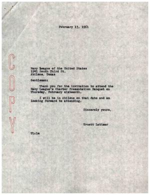 [Letter from Truett Latimer to Navy League of the United States, February 13, 1961]