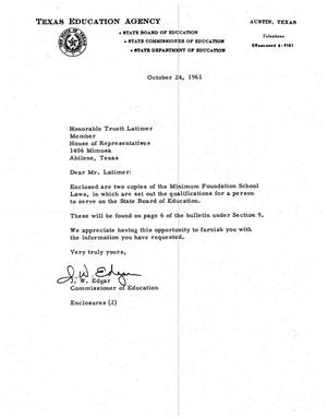 [Letter from J. W. Edgar to Truett Latimer, October 24, 1961}]
