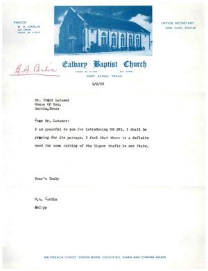 [Letter from B. A. Carlin to Truett Latimer, March 2, 1959]