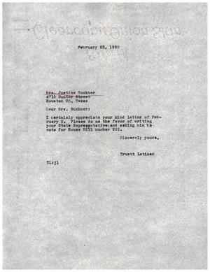 Primary view of object titled '[Letter from Truett Latimer to Mrs. Justine Buckner, February 23, 1959]'.