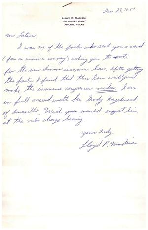 [Letter from Lloyd R. Madison to Truett Latimer, December 23, 1959]