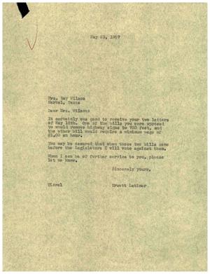Primary view of object titled '[Letter from Truett Latimer to Mrs. Ray Wilson, May 23, 1957]'.