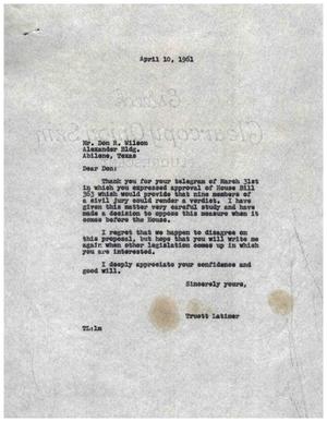 [Letter from Truett Latimer to Don R. Wilson, April 10, 1961]