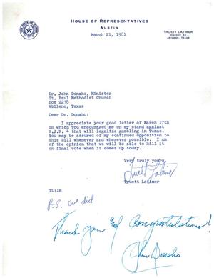 [Letter from Truett Latimer to John Donaho, March 21, 1961]