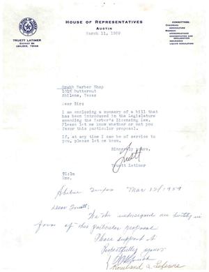 [Letter from Truett Latimer to Grubb Barber Shop, March 11, 1959]