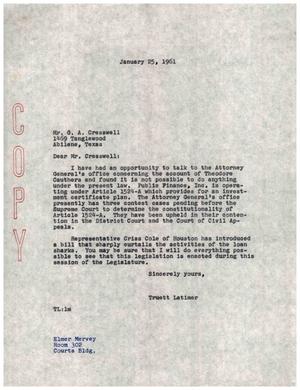 [Letter from Truett Latimer to G. A. Cresswell, January 25, 1961]