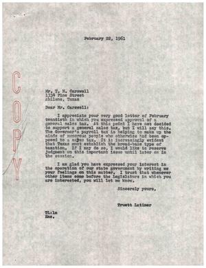[Letter from Truett Latimer to T. N. Carswell, February 22, 1961]
