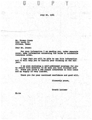 [Letter from Truett Latimer to Truman Jones, July 20, 1961]