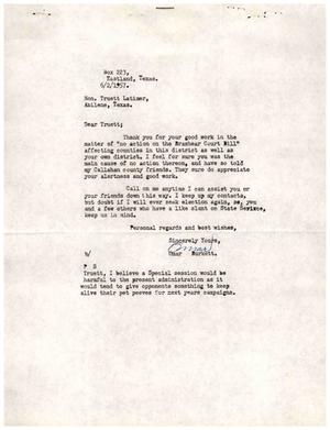 [Letter from Omar Burkett to Truett Latimer, June 2, 1957]