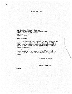 [Letter from Truett Latimer to Stanley Wilson, March 29, 1961]