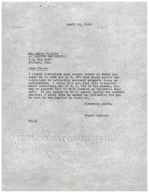 [Letter from Truett Latimer to Cleve Cullers, April 10, 1959]